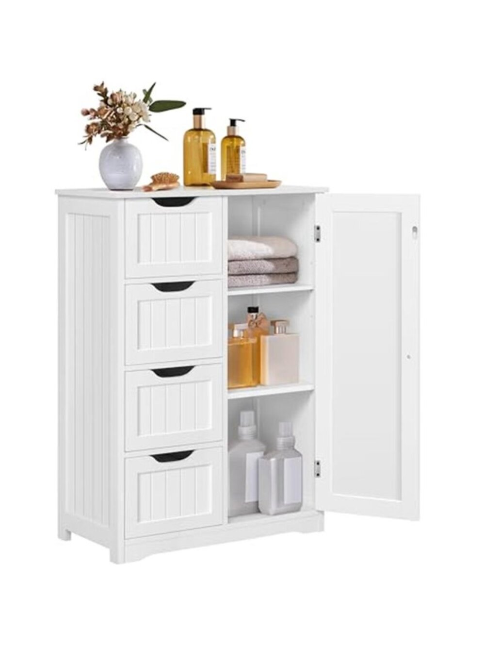 Small Bathroom Storage Cabinet with 4 Drawers & Door, White